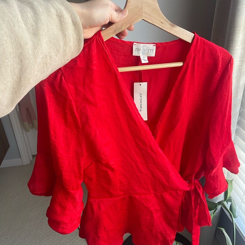 Francesca’s Bright Red Wrap Blouse
